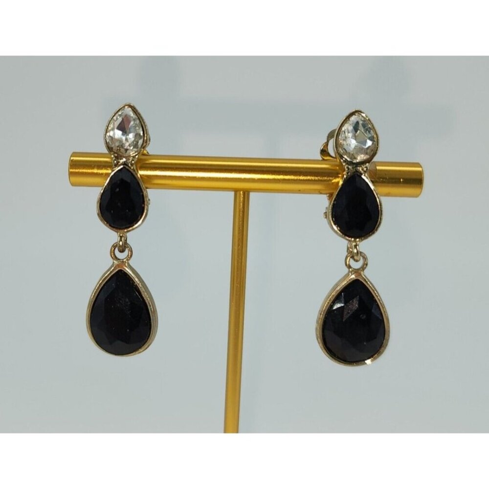 T TAHARI Gold Tone Dangle Costume Clip-on Earrings Pear Shaped Black/Clear